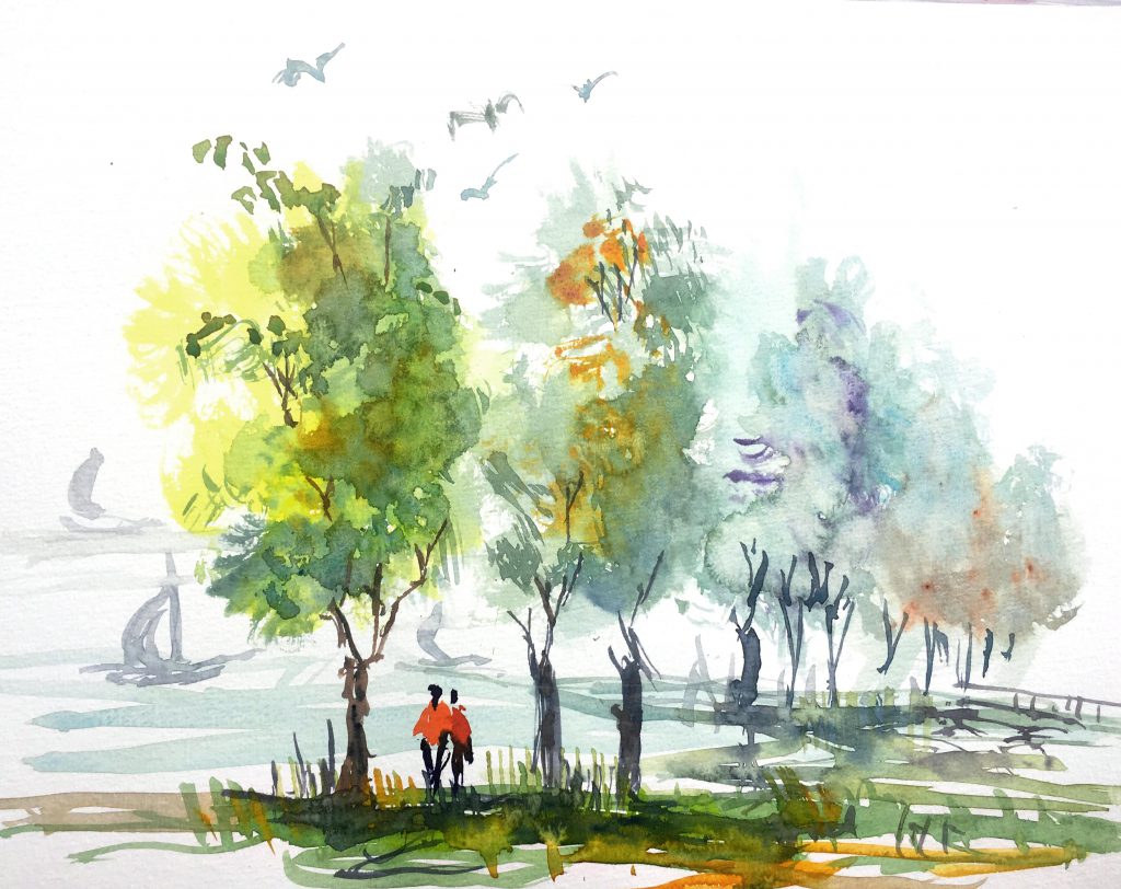 Tine Klein Aquarellskizze am Zürichsee bäume mit Hake Brush