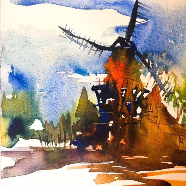 schwarz und dunkle Töne Aquarellskizze der Windmühle in Amsterdam Tine Klein