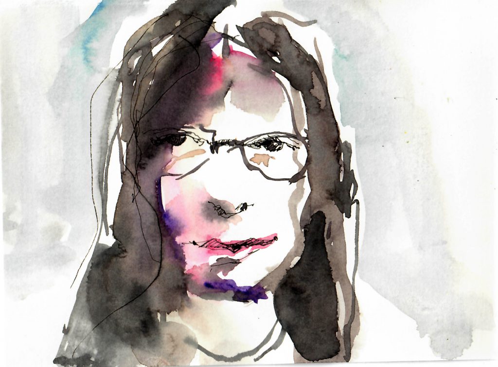 Porträt von Tine Klein im Livestream gemalt mit Aquarell und Füllhalter