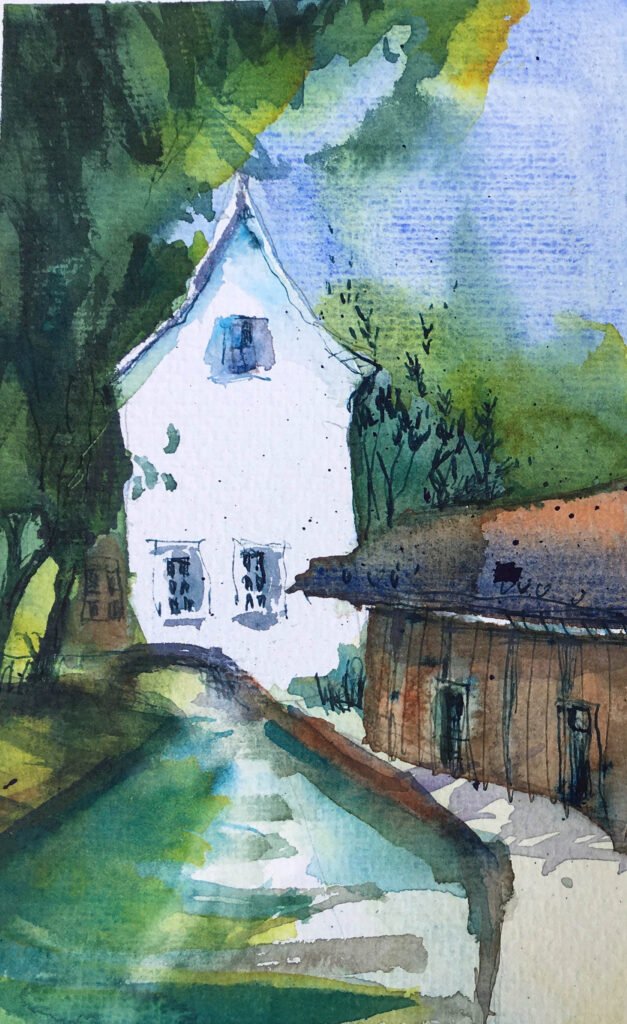 Tine Klein Aquarell mit Tinte, Tutorial Farbstimmungen , Haus in Basel St.Alban