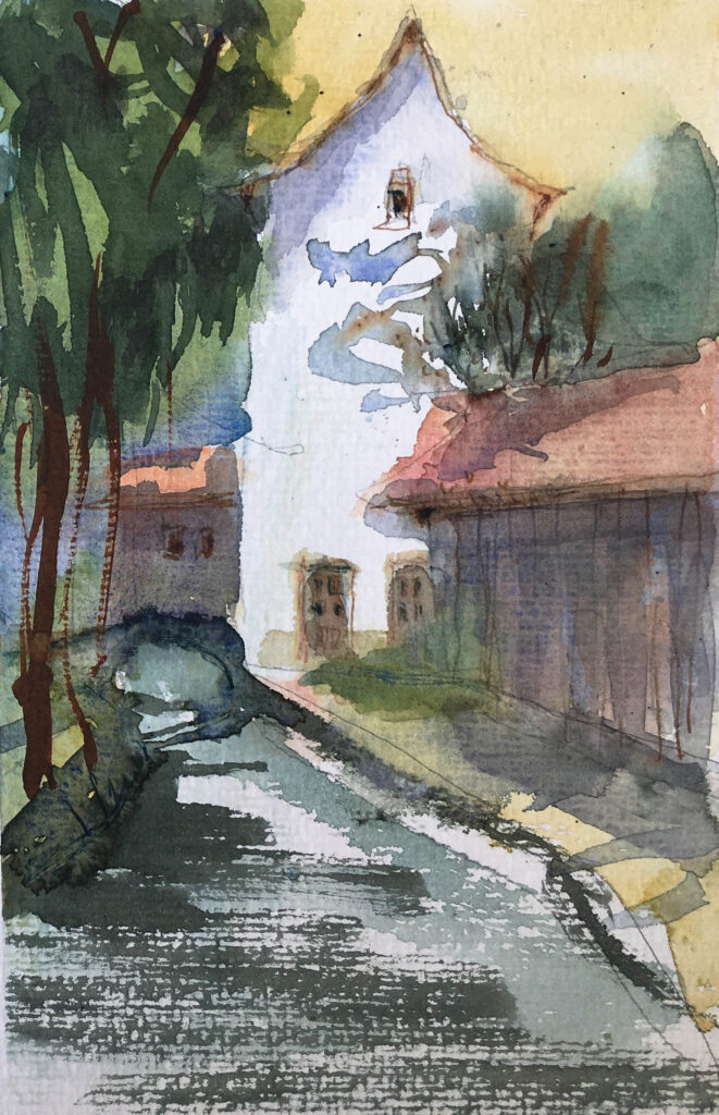 Tine Klein Aquarell mit Tinte, Tutorial Farbstimmungen , Haus in Basel St.Alban