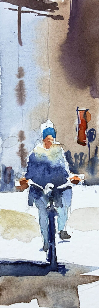 Tine Klein Aquarell zum Thema der Mensch im Bild, Motiv: ältere Dame auf einem Fahrrad