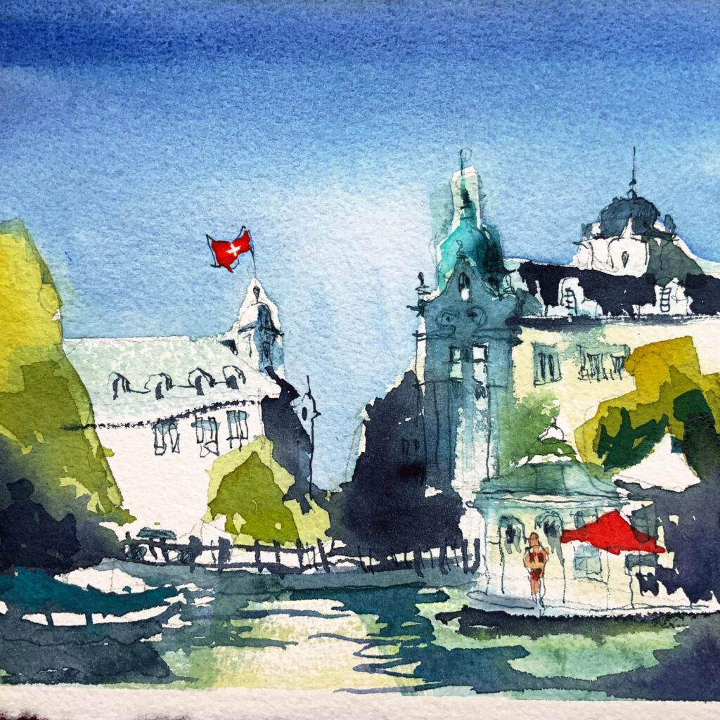 Tine Klein Aquarell Zürich Frauenbadi zum Thema Farbauswahl.