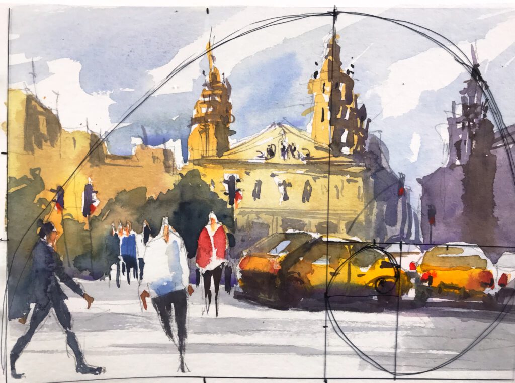 Tine Klein Aquarell, goldene Spirale Mol de la Fusta, Barcelona am Hafen.